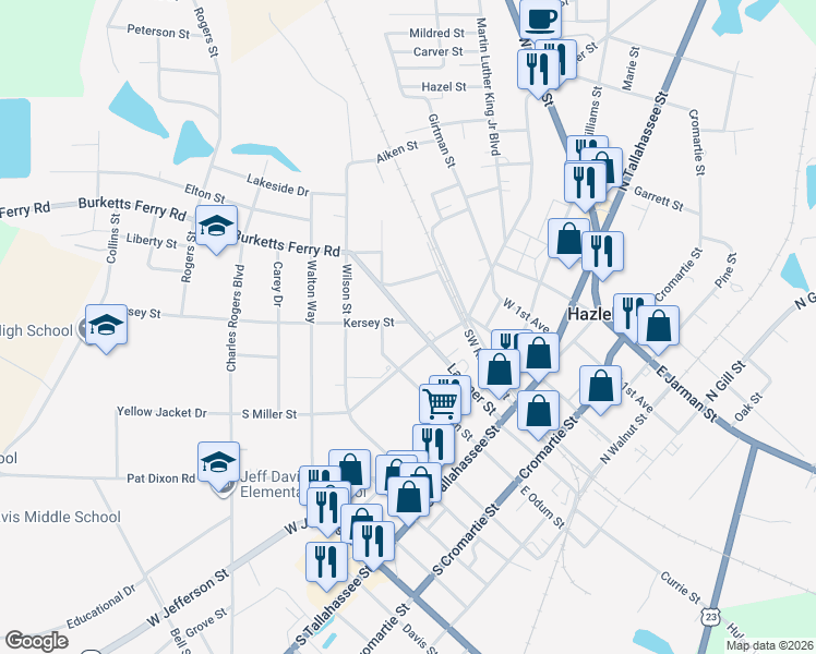 map of restaurants, bars, coffee shops, grocery stores, and more near 73 Latimer Street in Hazlehurst