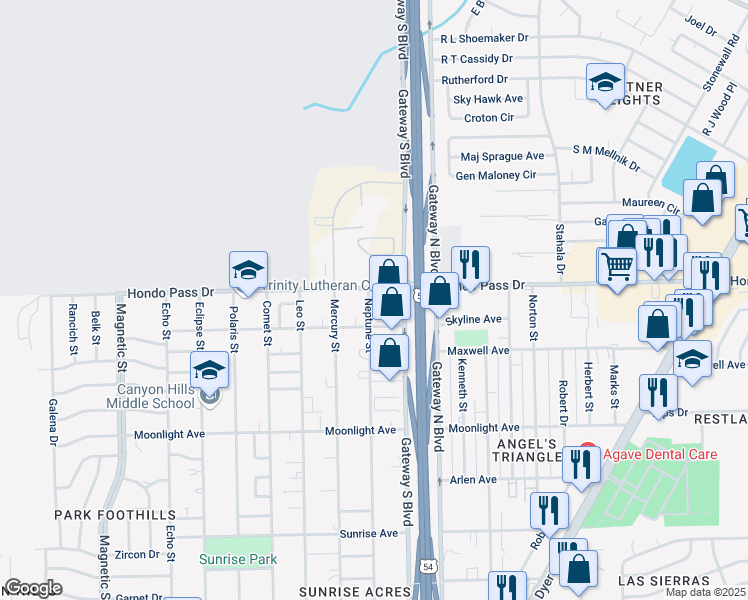 map of restaurants, bars, coffee shops, grocery stores, and more near 4200 Hondo Pass Drive in El Paso