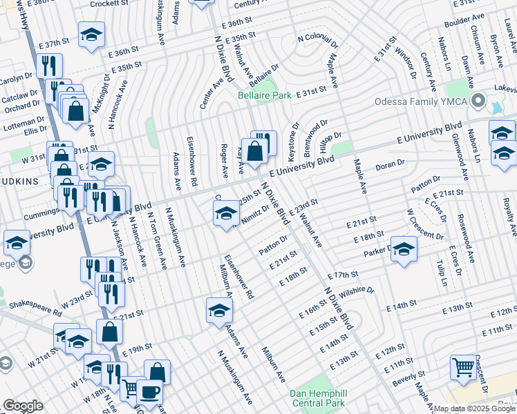 map of restaurants, bars, coffee shops, grocery stores, and more near 918 Nimitz Drive in Odessa