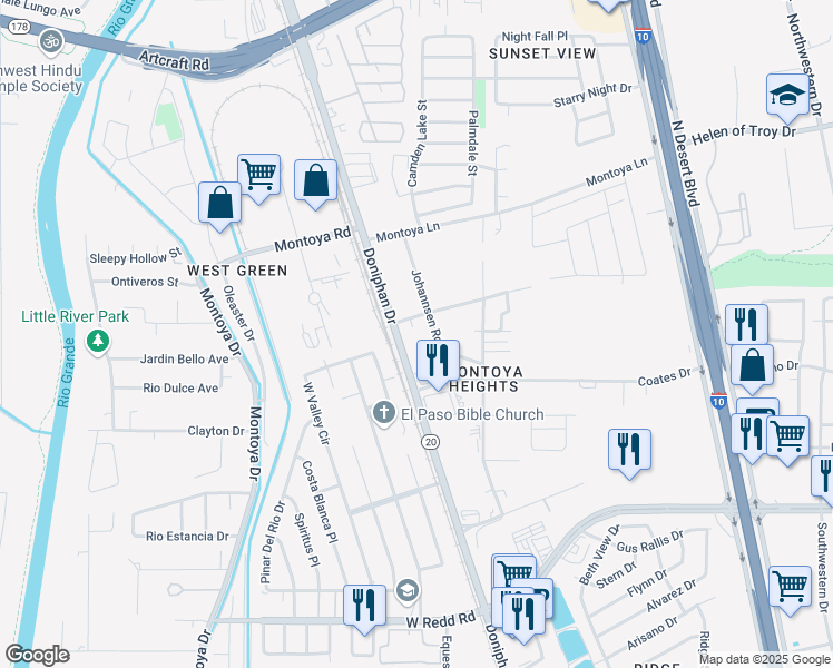 map of restaurants, bars, coffee shops, grocery stores, and more near 5865 Johannsen Road in El Paso