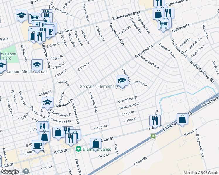 map of restaurants, bars, coffee shops, grocery stores, and more near 2698 Disney St in Odessa