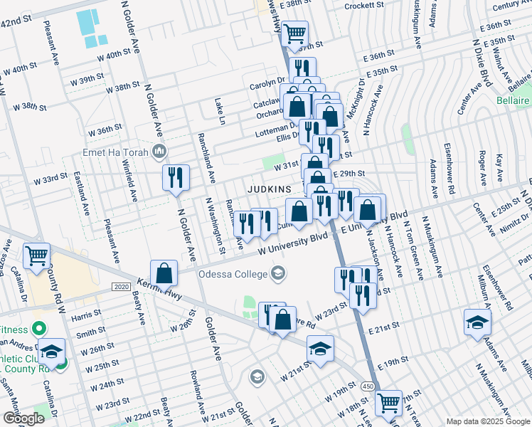 map of restaurants, bars, coffee shops, grocery stores, and more near 2898 Robertson Avenue in Odessa