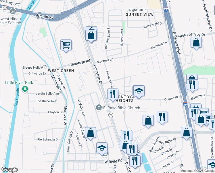 map of restaurants, bars, coffee shops, grocery stores, and more near 5865 Johannsen Road in El Paso