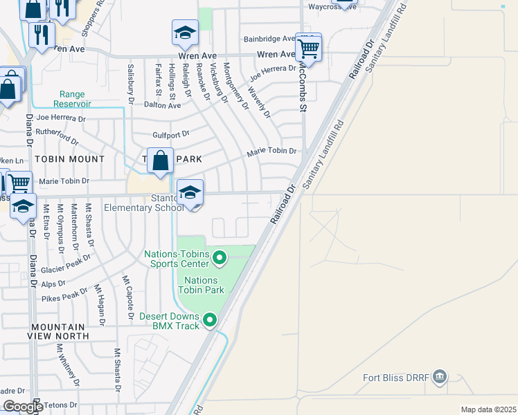 map of restaurants, bars, coffee shops, grocery stores, and more near 5673 Duchess Street in El Paso