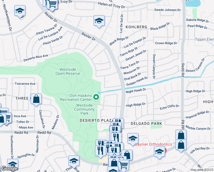 map of restaurants, bars, coffee shops, grocery stores, and more near 7341 Golden Hawk Drive in El Paso