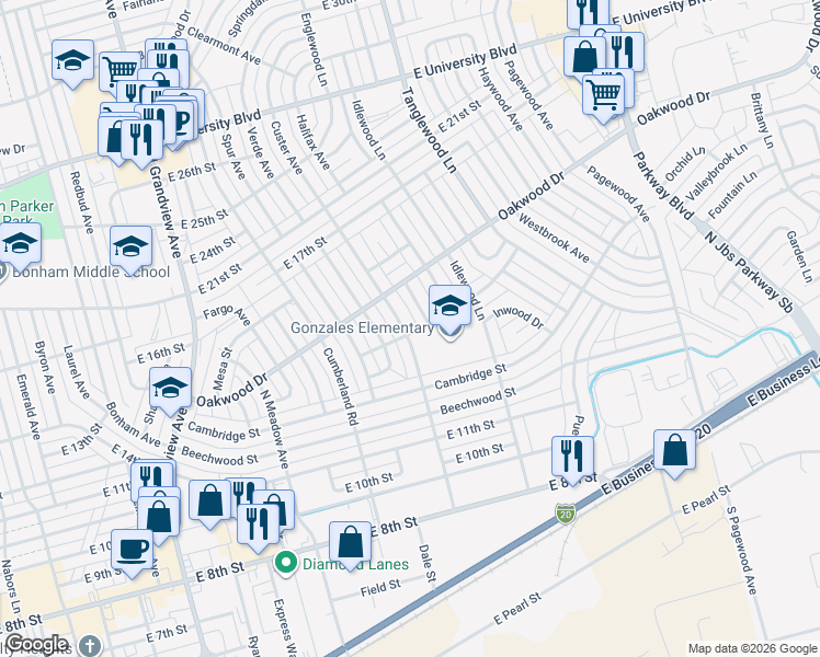 map of restaurants, bars, coffee shops, grocery stores, and more near 2658-2698 Disney Street in Odessa