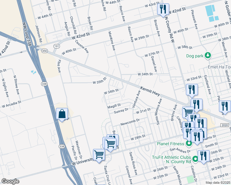 map of restaurants, bars, coffee shops, grocery stores, and more near 2001-2099 West 34th Street in Odessa
