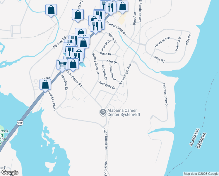 map of restaurants, bars, coffee shops, grocery stores, and more near 114 Biscayne Drive in Eufaula