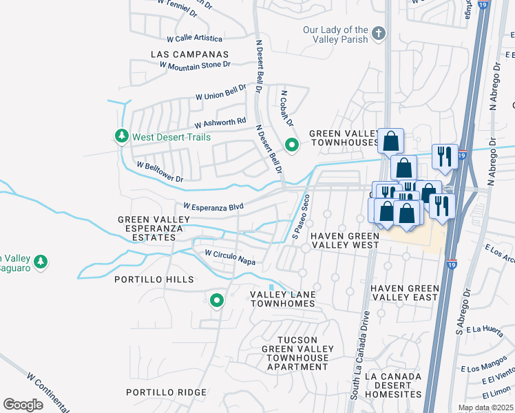 map of restaurants, bars, coffee shops, grocery stores, and more near 719 West Placita Nueva in Green Valley