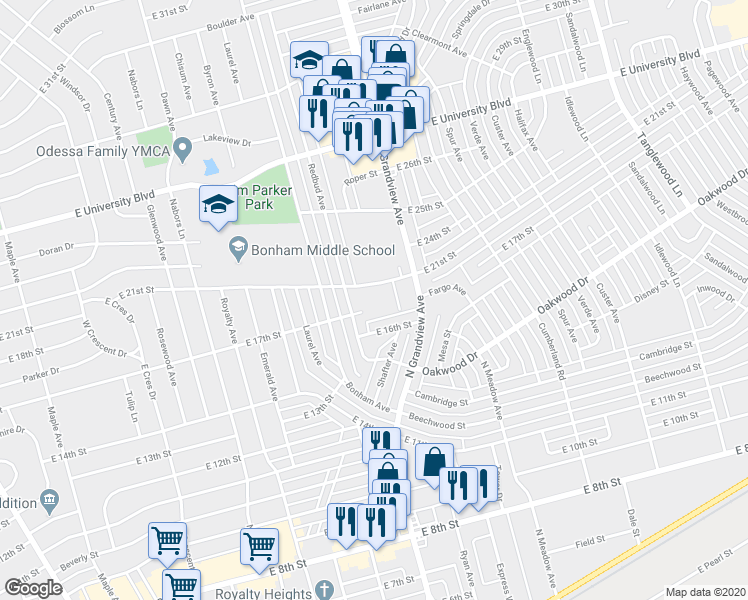 map of restaurants, bars, coffee shops, grocery stores, and more near 1604 Redbud Avenue in Odessa
