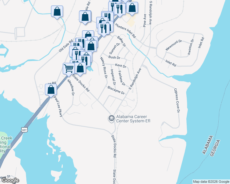 map of restaurants, bars, coffee shops, grocery stores, and more near 114 Biscayne Drive in Eufaula