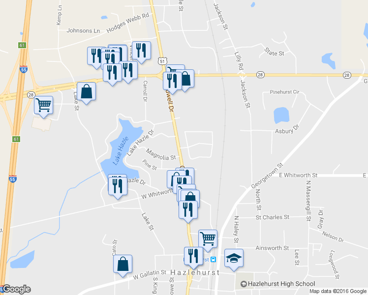 map of restaurants, bars, coffee shops, grocery stores, and more near 113 Hazlewood Drive in Hazlehurst