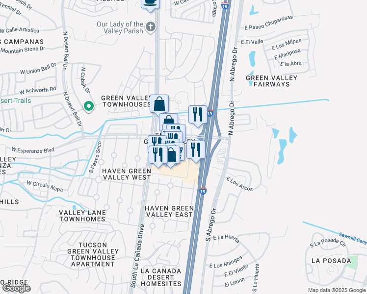 map of restaurants, bars, coffee shops, grocery stores, and more near 121 West Esperanza Boulevard in Green Valley