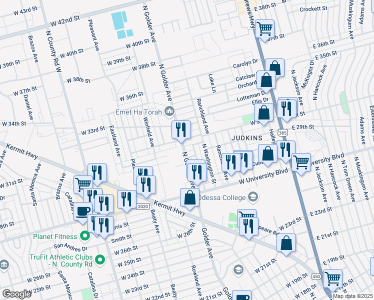 map of restaurants, bars, coffee shops, grocery stores, and more near 2903 Golder Ave in Odessa