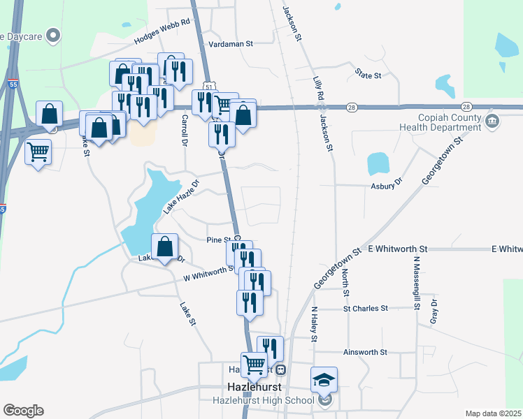 map of restaurants, bars, coffee shops, grocery stores, and more near 213 Hazlewood Circle in Hazlehurst