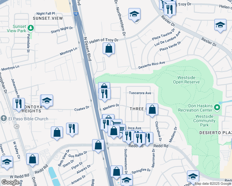 map of restaurants, bars, coffee shops, grocery stores, and more near 1117 Southwestern Drive in El Paso