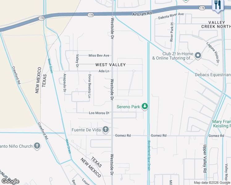 map of restaurants, bars, coffee shops, grocery stores, and more near 5925 Westside Drive in El Paso