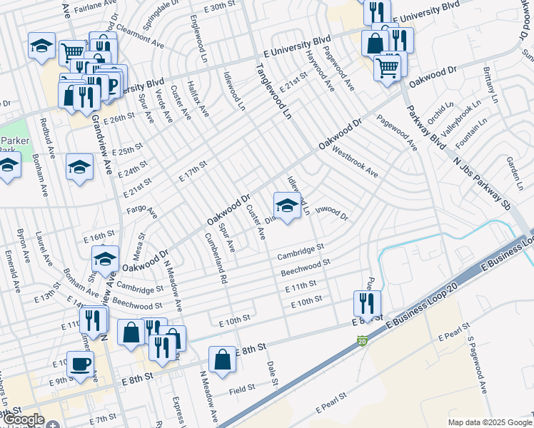 map of restaurants, bars, coffee shops, grocery stores, and more near 1436 Custer Avenue in Odessa