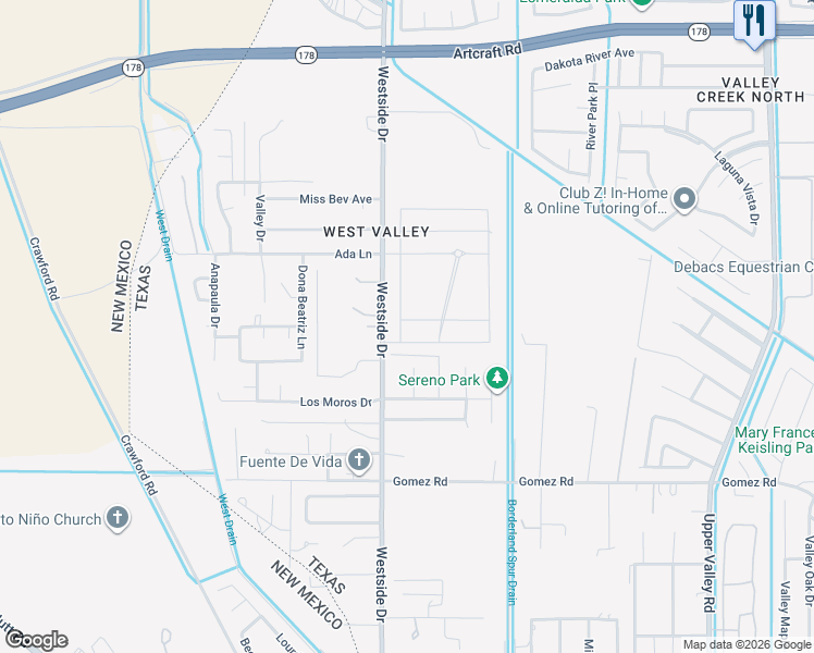 map of restaurants, bars, coffee shops, grocery stores, and more near 5892 Westside Drive in El Paso