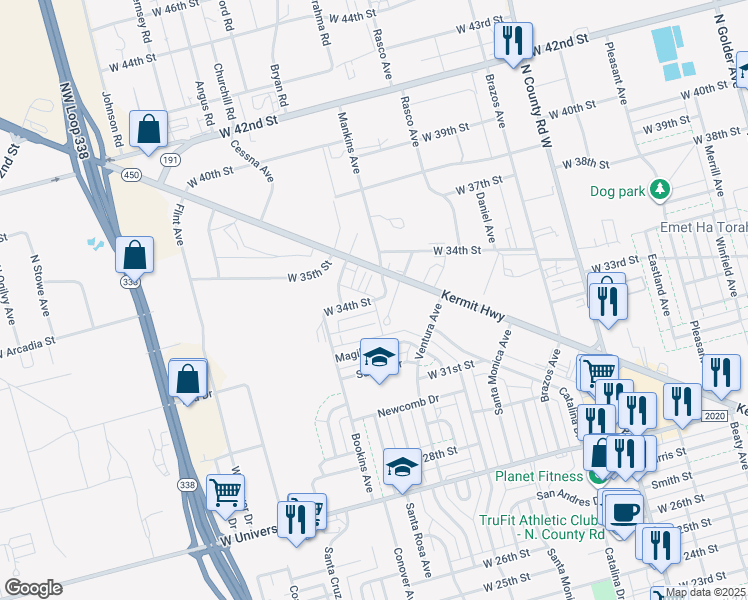 map of restaurants, bars, coffee shops, grocery stores, and more near 2001 West 34th Street in Odessa
