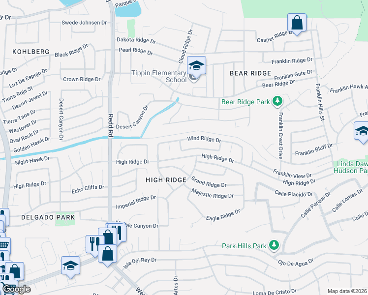map of restaurants, bars, coffee shops, grocery stores, and more near 6621 Wind Ridge Drive in El Paso