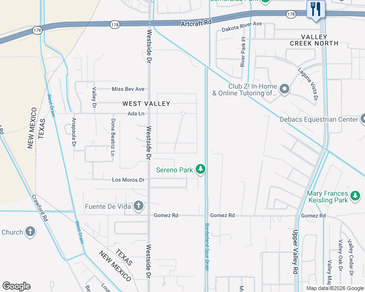 map of restaurants, bars, coffee shops, grocery stores, and more near 5892 Westside Drive in El Paso