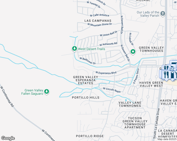 map of restaurants, bars, coffee shops, grocery stores, and more near 1051 West Belltower Drive in Green Valley