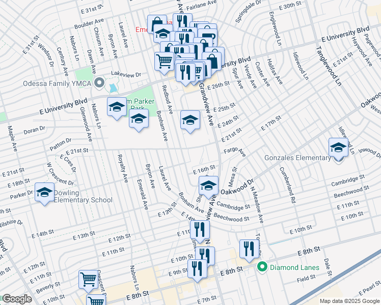 map of restaurants, bars, coffee shops, grocery stores, and more near 2320 East 21st Street in Odessa