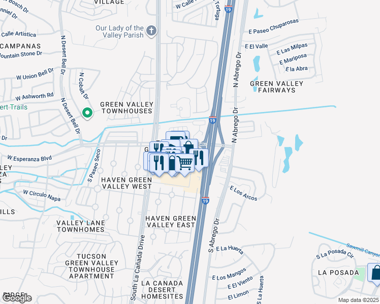 map of restaurants, bars, coffee shops, grocery stores, and more near 81 West Esperanza Boulevard in Green Valley