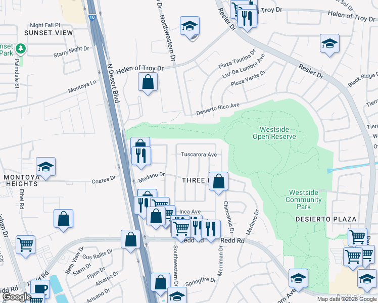 map of restaurants, bars, coffee shops, grocery stores, and more near 1229 Southwestern Drive in El Paso