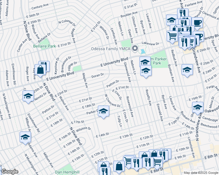 map of restaurants, bars, coffee shops, grocery stores, and more near 1602 Eastover Drive in Odessa