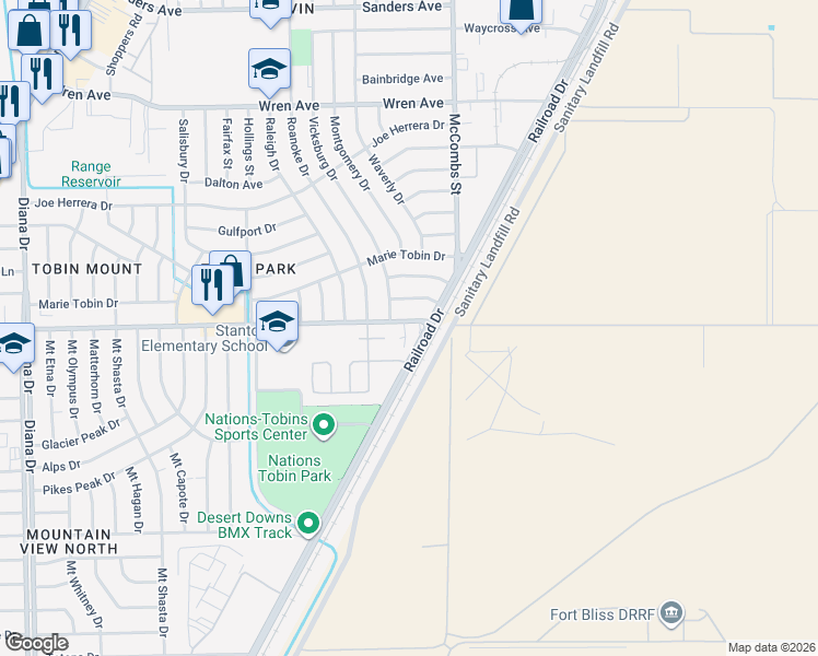 map of restaurants, bars, coffee shops, grocery stores, and more near 5703 Hondo Pass Drive in El Paso