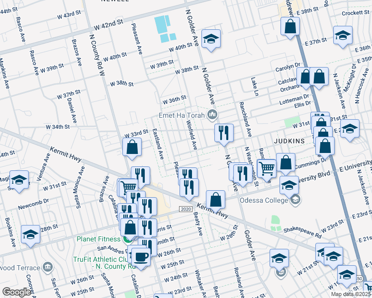 map of restaurants, bars, coffee shops, grocery stores, and more near 950 West 31st Street in Odessa