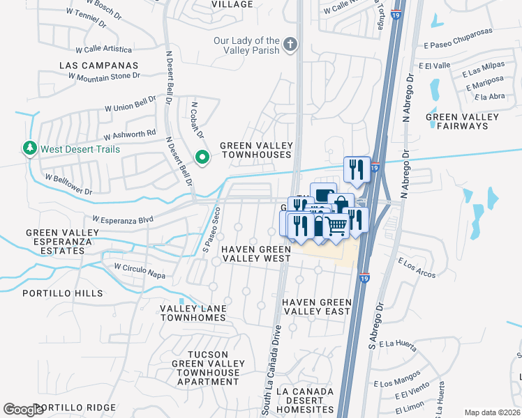 map of restaurants, bars, coffee shops, grocery stores, and more near 402 West Esperanza Boulevard in Green Valley