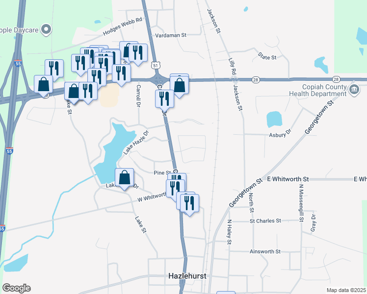 map of restaurants, bars, coffee shops, grocery stores, and more near 113 Hazlewood Drive in Hazlehurst