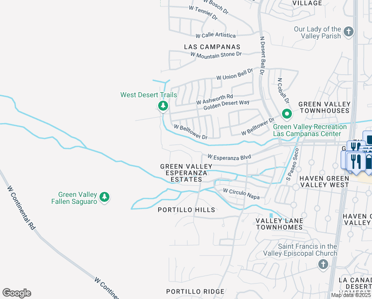 map of restaurants, bars, coffee shops, grocery stores, and more near 1112 West Círculo Del Norte in Green Valley