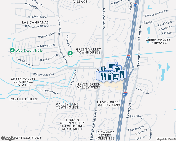 map of restaurants, bars, coffee shops, grocery stores, and more near 90 South Paseo Quinta in Green Valley