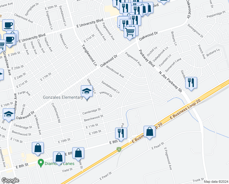 map of restaurants, bars, coffee shops, grocery stores, and more near 1405 Sandalwood Lane in Odessa