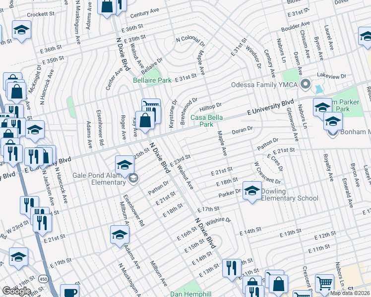 map of restaurants, bars, coffee shops, grocery stores, and more near 1203 Doran Drive in Odessa