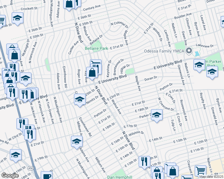 map of restaurants, bars, coffee shops, grocery stores, and more near 1203 Doran Drive in Odessa