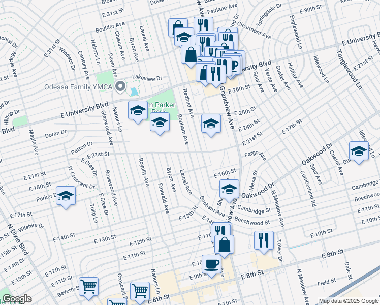 map of restaurants, bars, coffee shops, grocery stores, and more near Bonham Avenue in Odessa