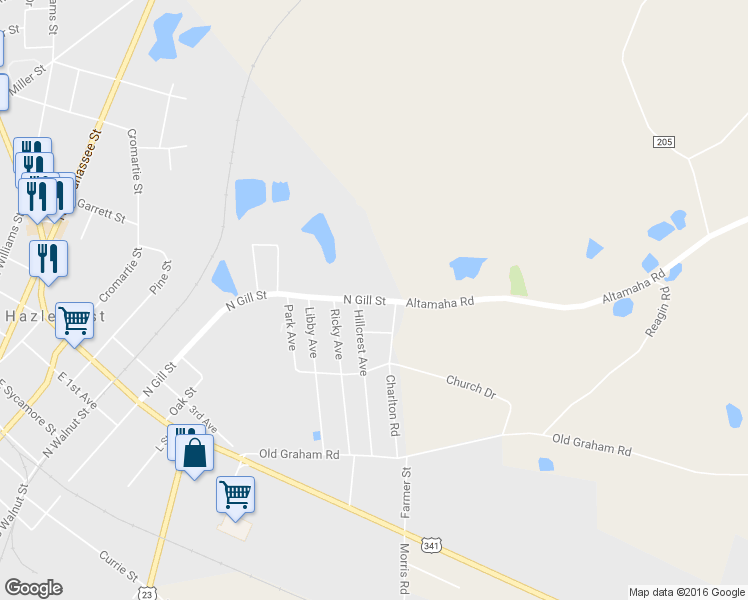 map of restaurants, bars, coffee shops, grocery stores, and more near 180 North Gill Street in Hazlehurst