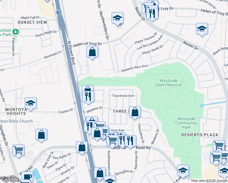map of restaurants, bars, coffee shops, grocery stores, and more near 1230 Southwestern Drive in El Paso