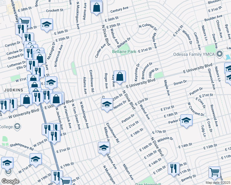 map of restaurants, bars, coffee shops, grocery stores, and more near 2507 Kay Avenue in Odessa