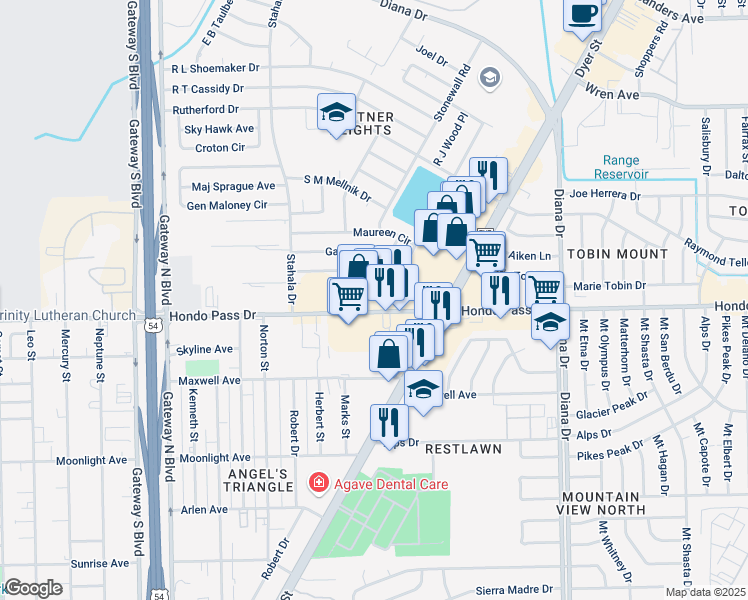map of restaurants, bars, coffee shops, grocery stores, and more near 4747 Hondo Pass Drive in El Paso