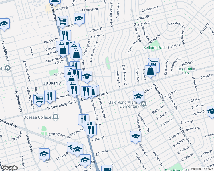 map of restaurants, bars, coffee shops, grocery stores, and more near 2713-2715 North Tom Green Avenue in Odessa