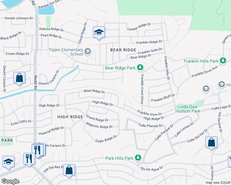 map of restaurants, bars, coffee shops, grocery stores, and more near 6537 Wind Ridge Drive in El Paso