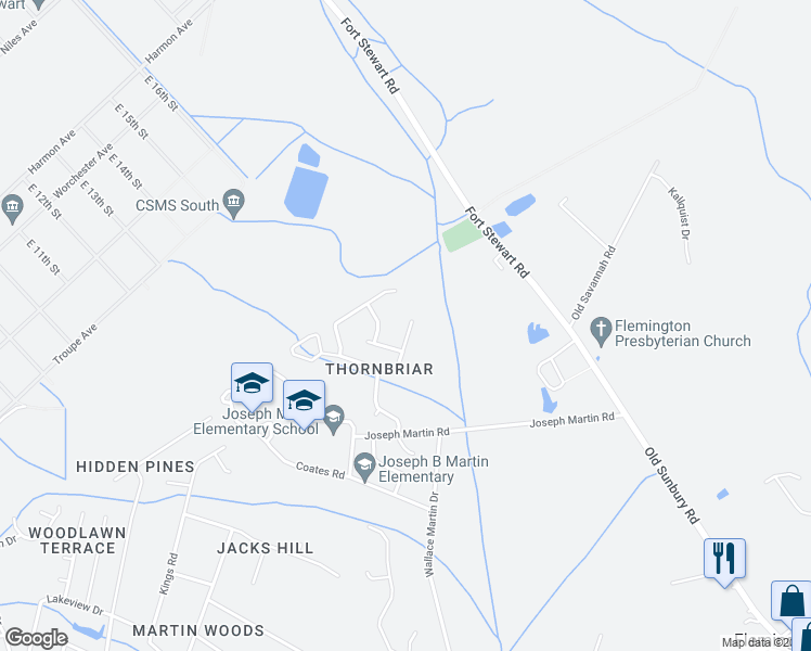 map of restaurants, bars, coffee shops, grocery stores, and more near 814 Sagewood Drive in Hinesville