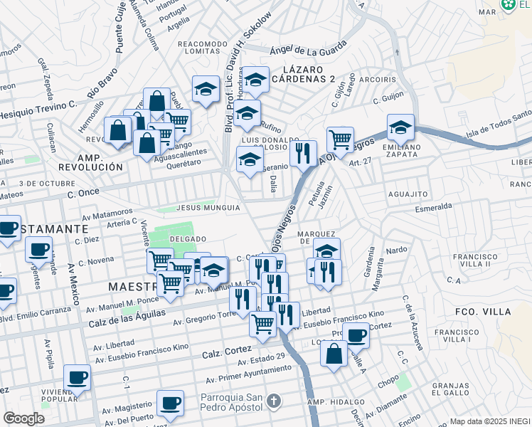 map of restaurants, bars, coffee shops, grocery stores, and more near 2082 Madre Selva in Ensenada
