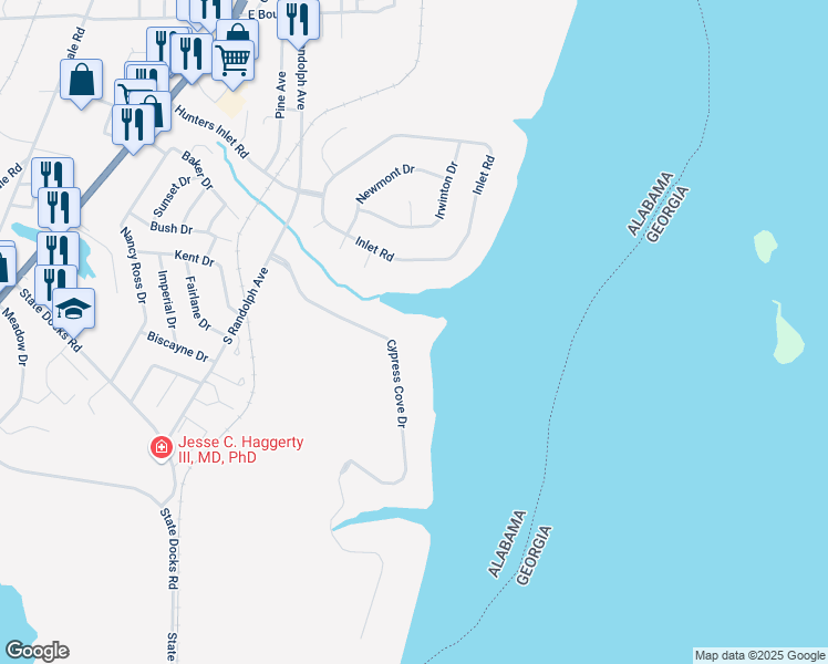 map of restaurants, bars, coffee shops, grocery stores, and more near 209 Cypress Cove Drive in Eufaula